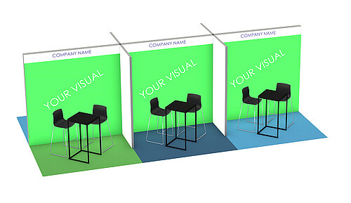 Mockup of three stands with table and two chairs for the RECHARGE Wind Power Summit