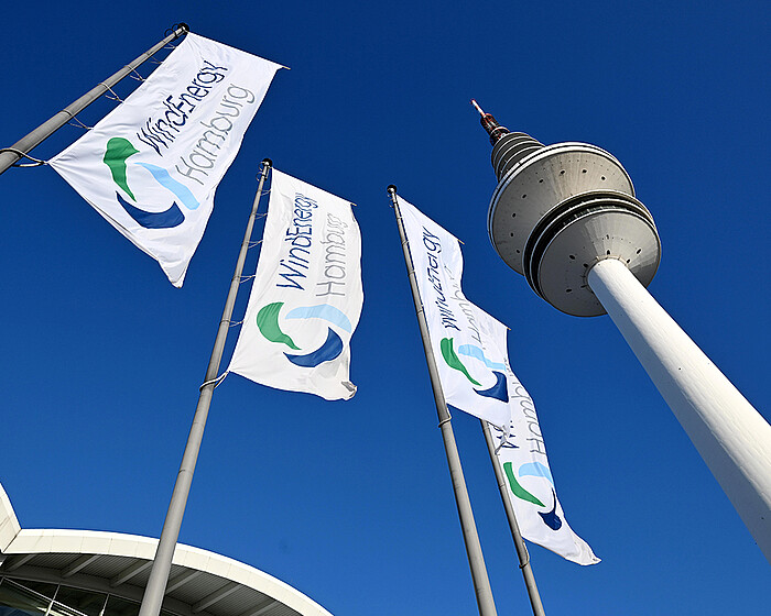 WindEnergy Hamburg flags against a blue sky