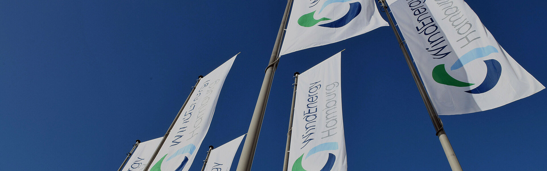 Flags of WindEnergy Hamburg against a blue sky