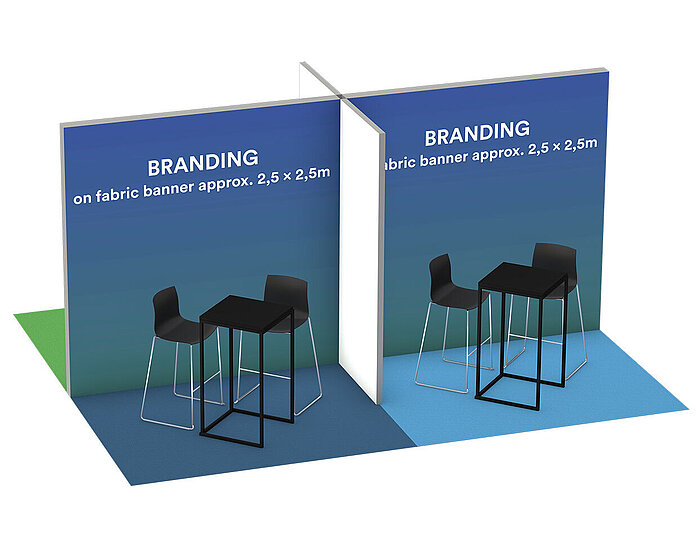 Mockup of two stands with table and two chairs for the RECHARGE WindPower Summit
